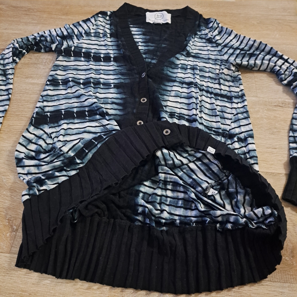 Sloane Rouge Black Blue White Striped Black Trim Women's Cardigan Sweater Small